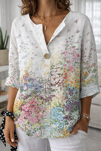 Top casual cu imprimeu floral și decolteu în V cu nasturi Cristina Gore