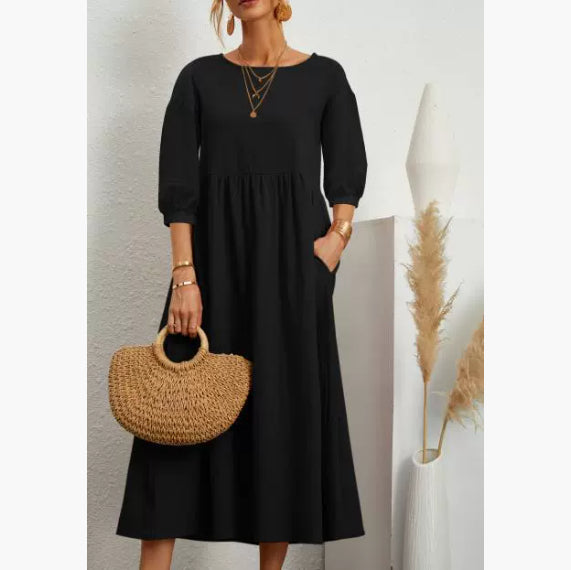 Rochie trapez din bumbac Cristina - Buzunare și mâneci scurte