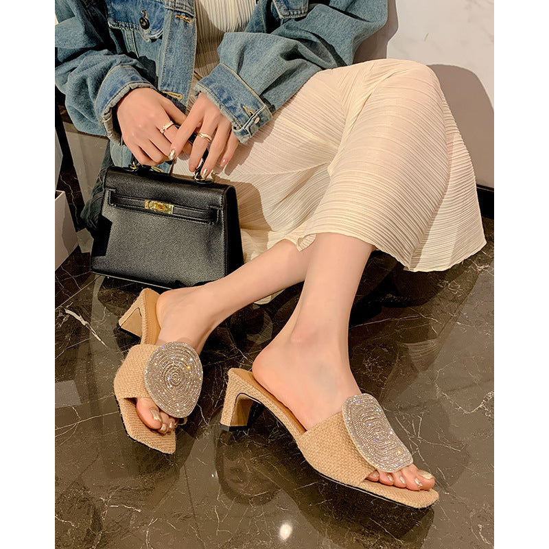 Papuci Cristina din in și strasuri - Vârf pătrat