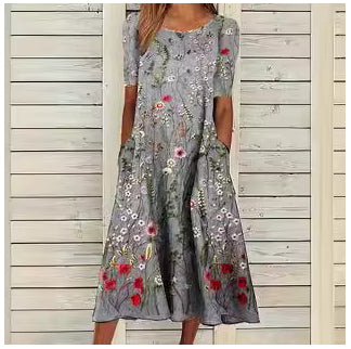 Rochie Cristina din bumbac și in cu buzunare - Model cu mânecă scurtă