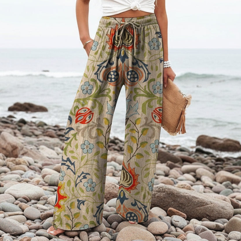 Pantaloni largi pentru femei cu imprimeu boho botanic Cristina Gore
