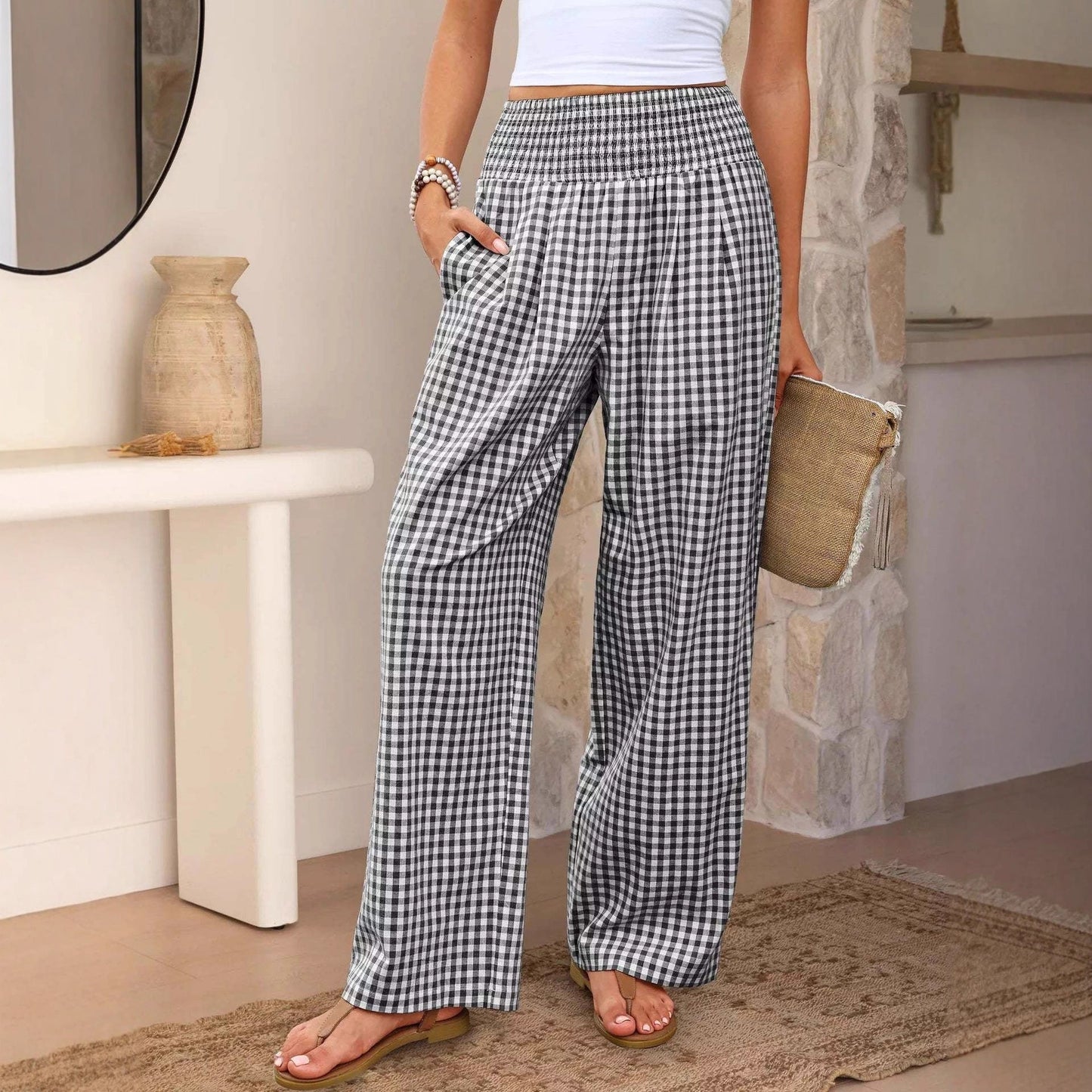 Pantaloni sport în carouri, casual, lejeri, la modă, cu picior larg, cu buzunare
