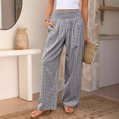 Pantaloni sport în carouri, casual, lejeri, la modă, cu picior larg, cu buzunare