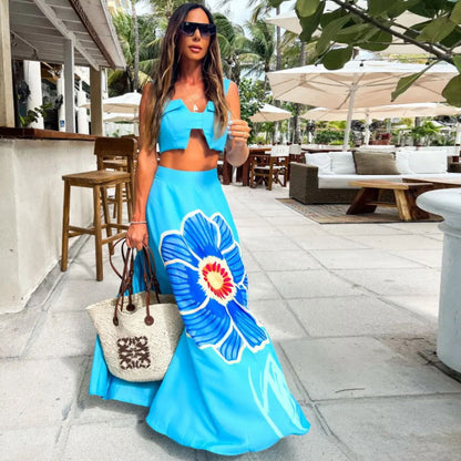 Set Cristina din două piese, cu imprimeu floral albastru - Fustă cu crăpătură la abdomen