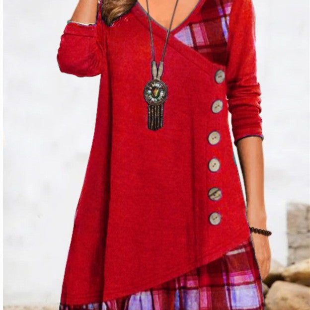 Rochie Cristina cu imprimeu petic - Mâneci lungi - Stil îndrăzneț