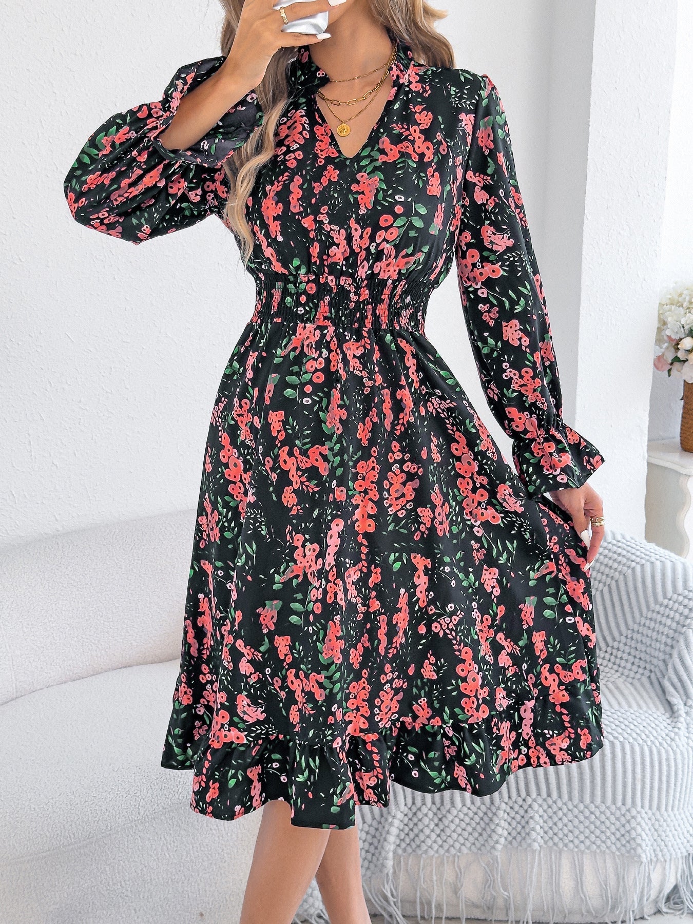 Rochie midi cu mâneci clopot și imprimeu floral Cristina Gore