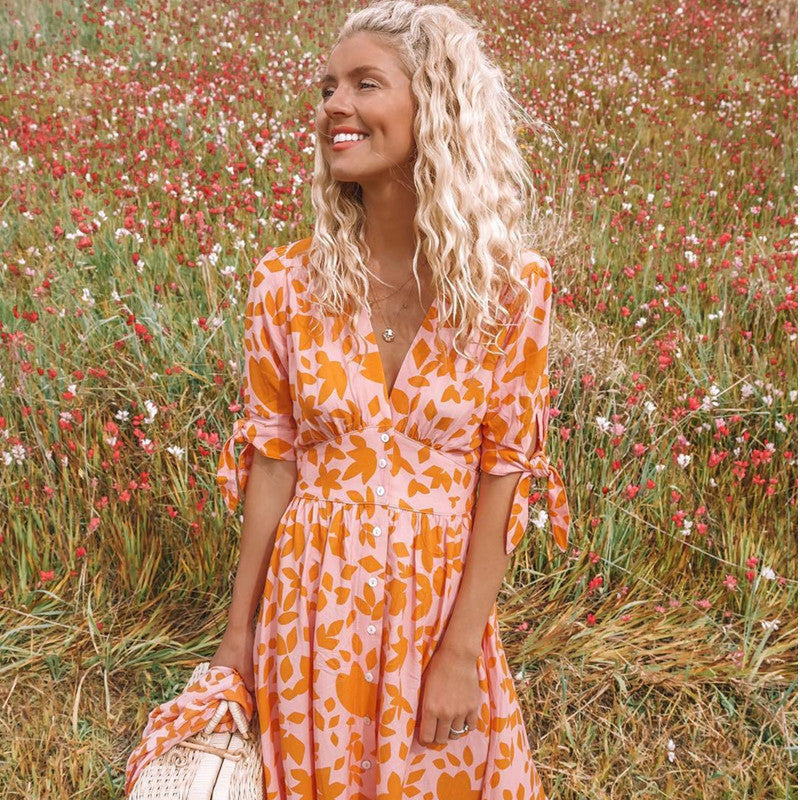 Rochie Cristina cu imprimeu și decolteu în V - Mâneci cu cinci puncte