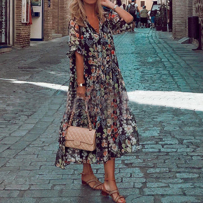 Rochie maxi florală Cristina - Negru transparent, stil de vară