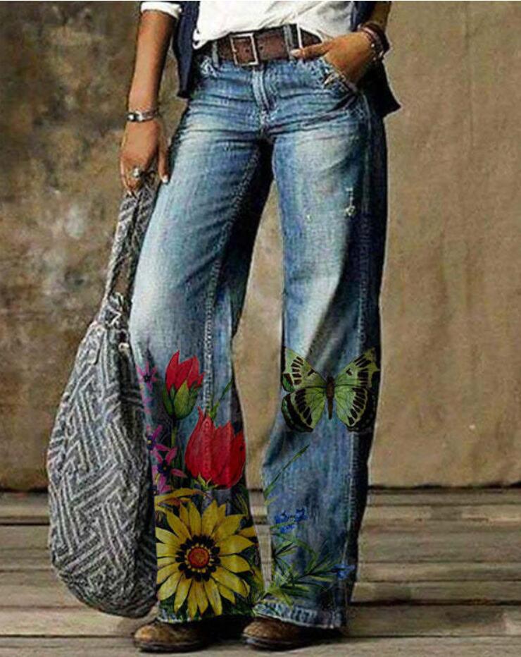Pantaloni largi cu imprimeu floral artistic de Cristina Gore