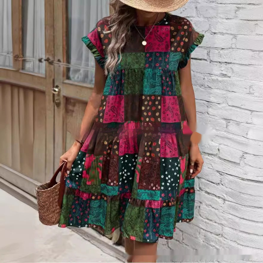 Rochie midi de vară Cristina Gore cu model boho și imprimeu petic