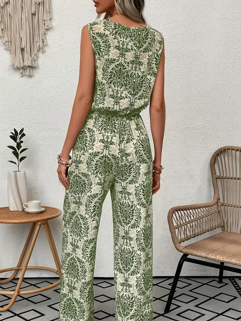 Set de bluză fără mâneci cu imprimeu și pantaloni largi pentru femei