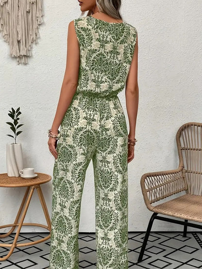 Set de bluză fără mâneci cu imprimeu și pantaloni largi pentru femei