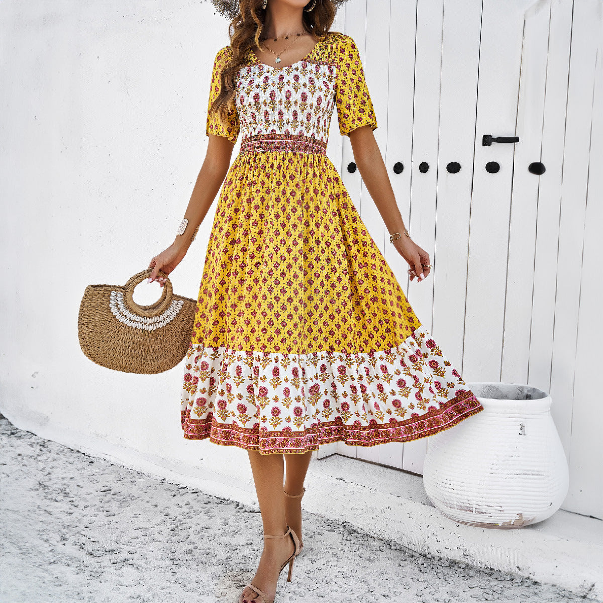 Rochie midi de vară Cristina Gore cu imprimeu boho