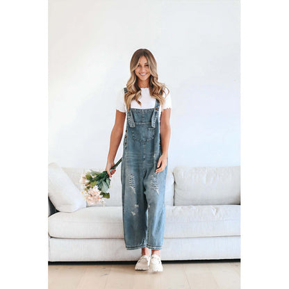 Pantaloni Cristina din denim cu bretele - Stil retro cu picioare late