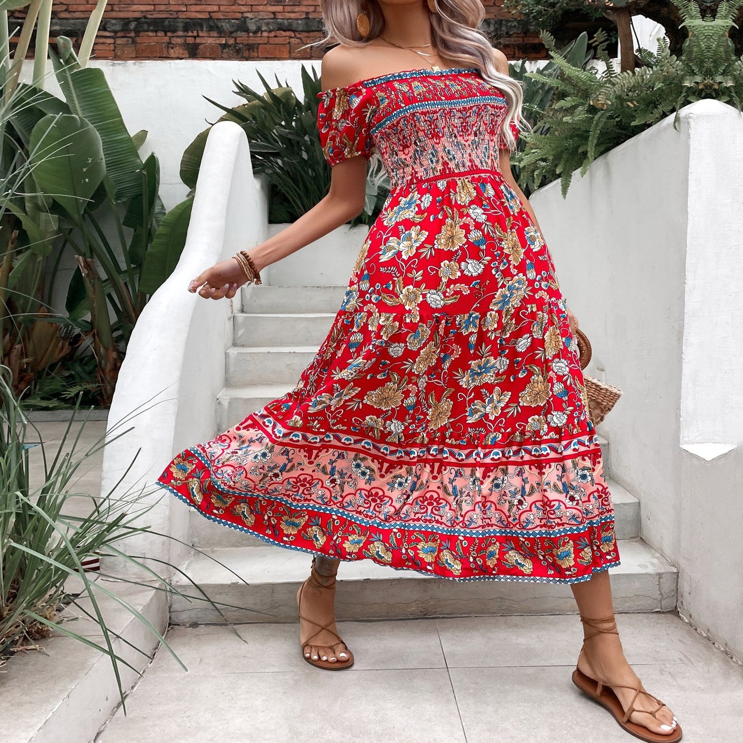 Rochie midi cu umeri goi, cu imprimeu floral boho, Cristina Gore