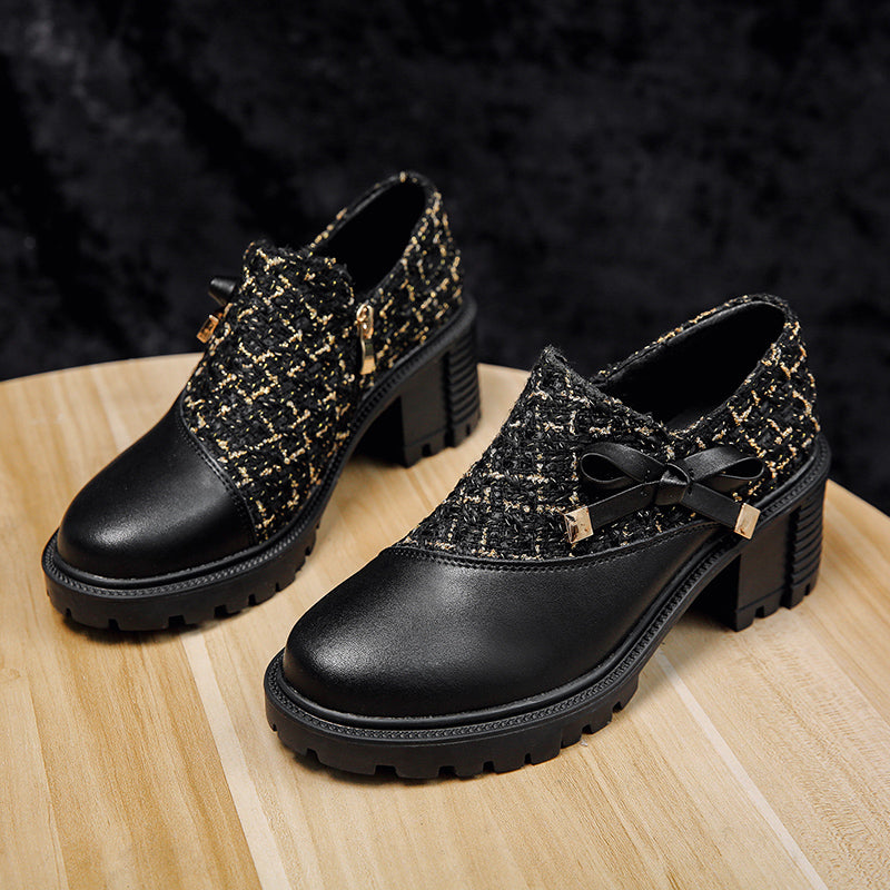 Pantofi cu toc gros Cristina din tweed cu fundă - Inspirație