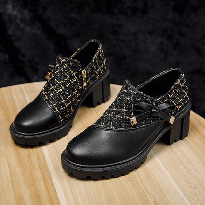 Pantofi cu toc gros Cristina din tweed cu fundă - Inspirație