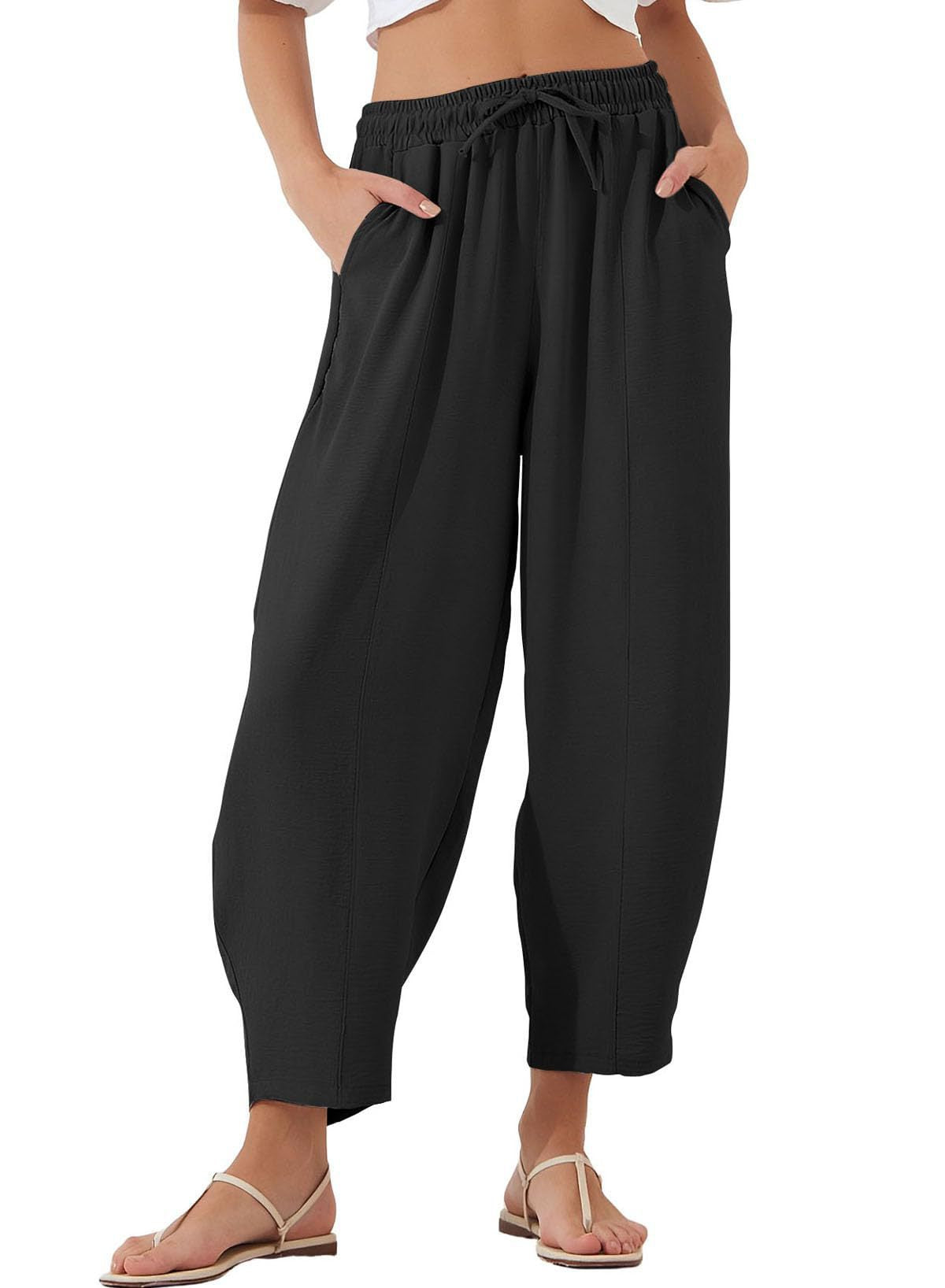 Pantaloni Cristina crop din bumbac și in - Croială plisată lejeră