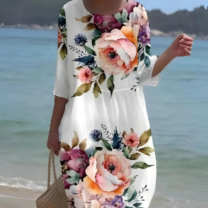 Rochie Cristina cu imprimeu floral - croială trapezoidală artistică