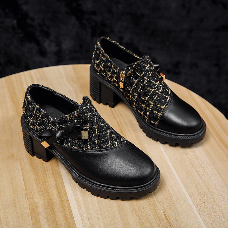 Pantofi cu toc gros Cristina din tweed cu fundă - Inspirație