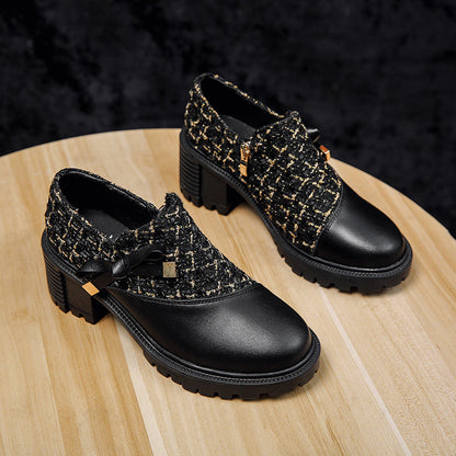 Pantofi cu toc gros Cristina din tweed cu fundă - Inspirație