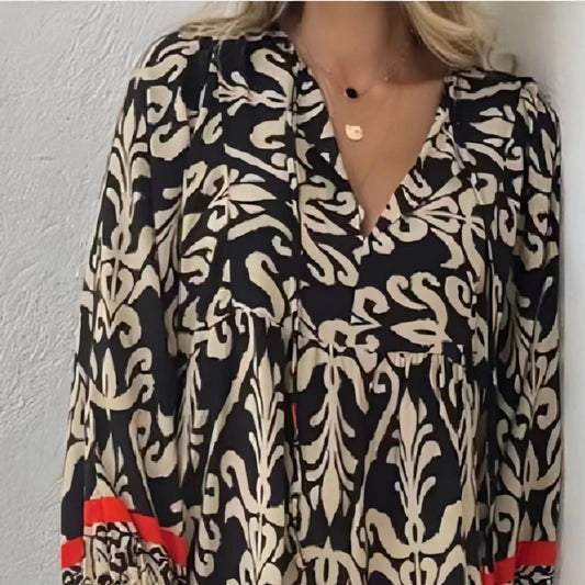 Rochie trapez cu decolteu în V Cristina - Mâneci tip felinar cu imprimeu floral