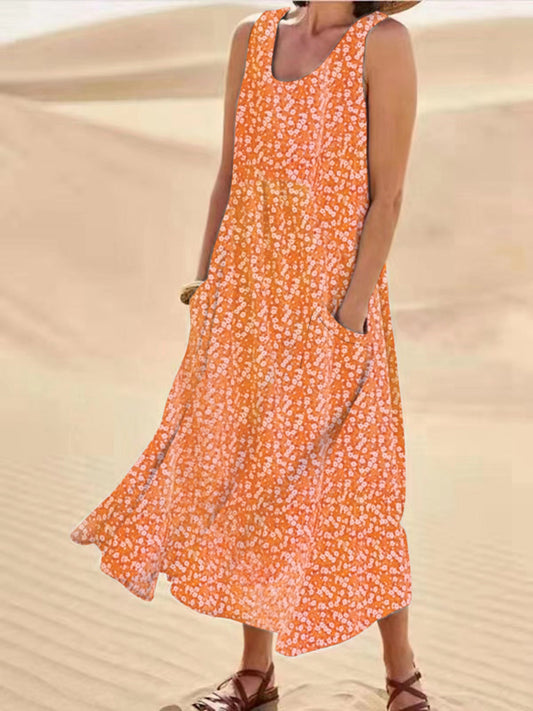 Rochie trapez florală Cristina - Fără mâneci cu buzunare