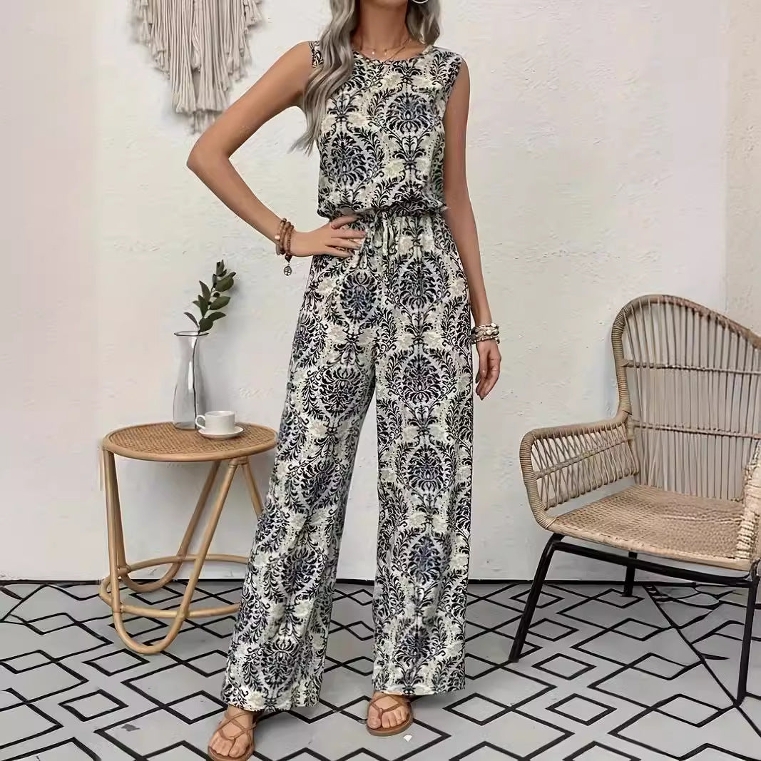 Set de bluză fără mâneci cu imprimeu și pantaloni largi pentru femei