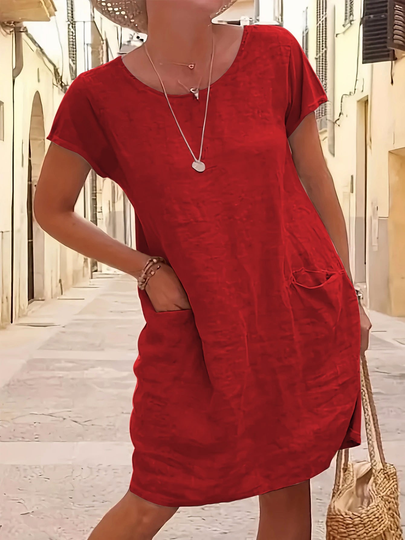 Rochie Cristina din bumbac și in - Buzunare și mâneci scurte