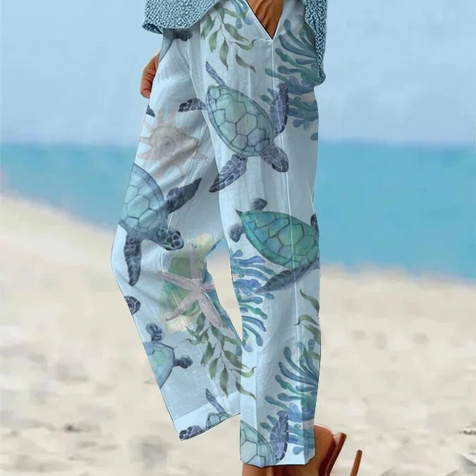 Sea Turtle Print Cristina Gore Cropped Pants