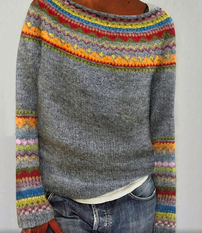 Pulover cu guler rotund Cristina - Tricotaj gros cu model