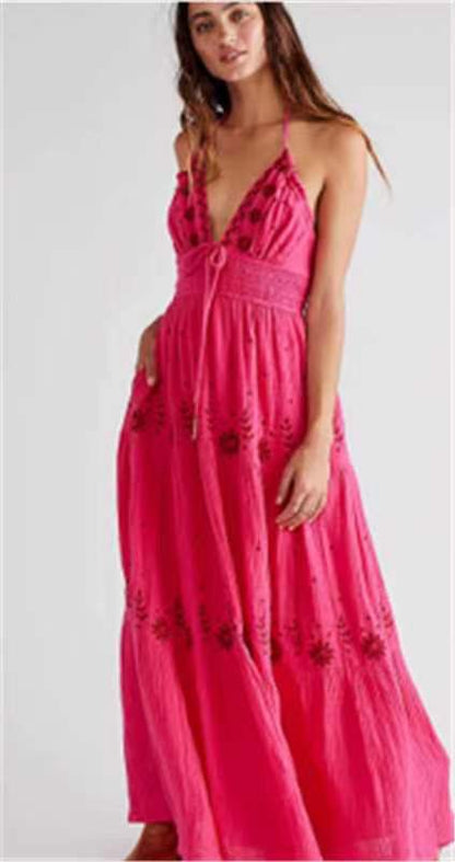 Rochie maxi brodată Cristina - Eleganță florală cu decolteu în V