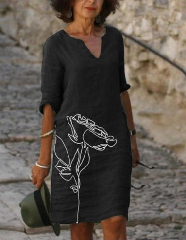 Rochie Cristina din in cu decolteu în V - Imprimeu floral și frunze