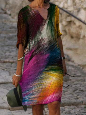 Rochie Cristina din in cu decolteu în V - Imprimeu floral și frunze