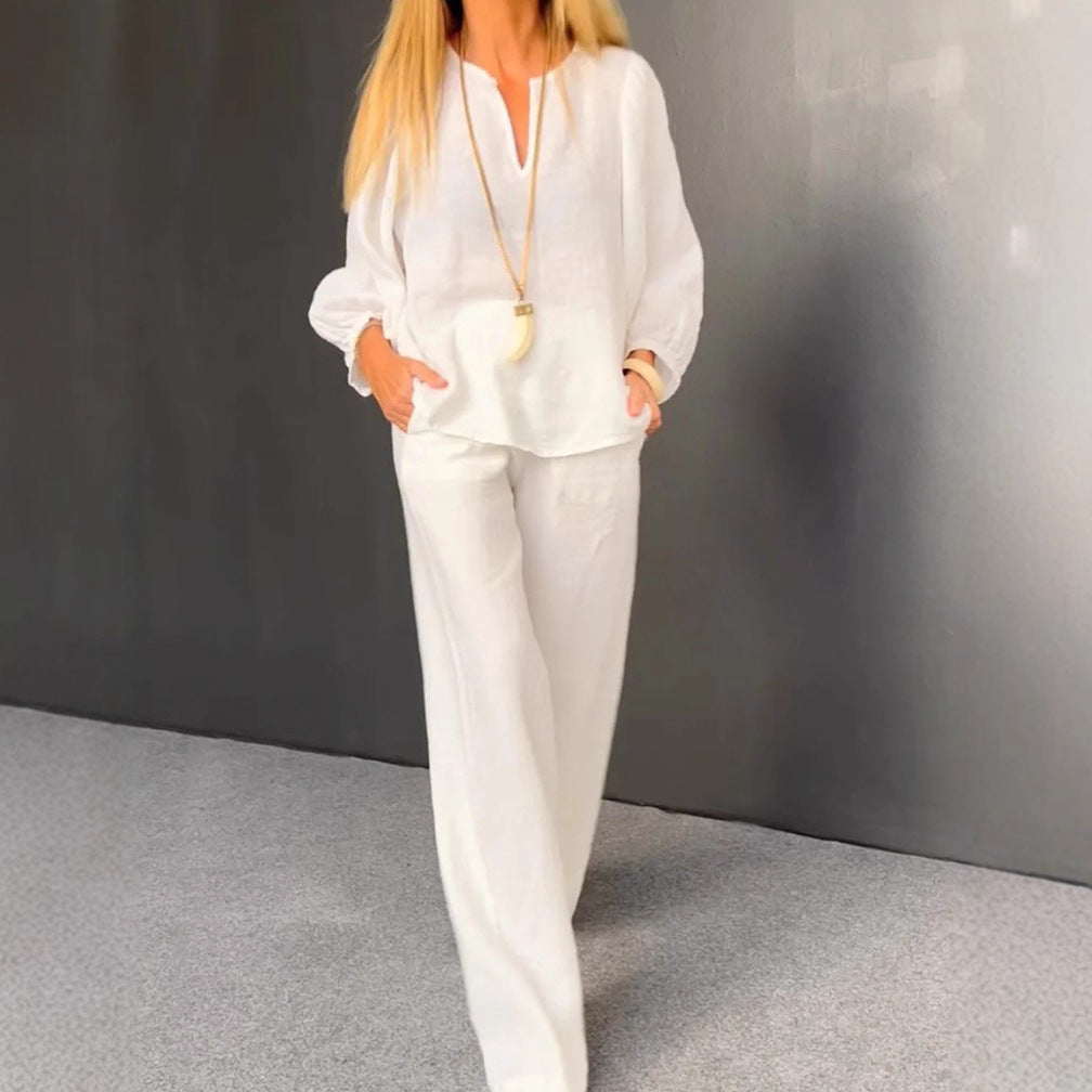 Set Cristina din bumbac și in - Pantaloni eleganți cu croială dreaptă