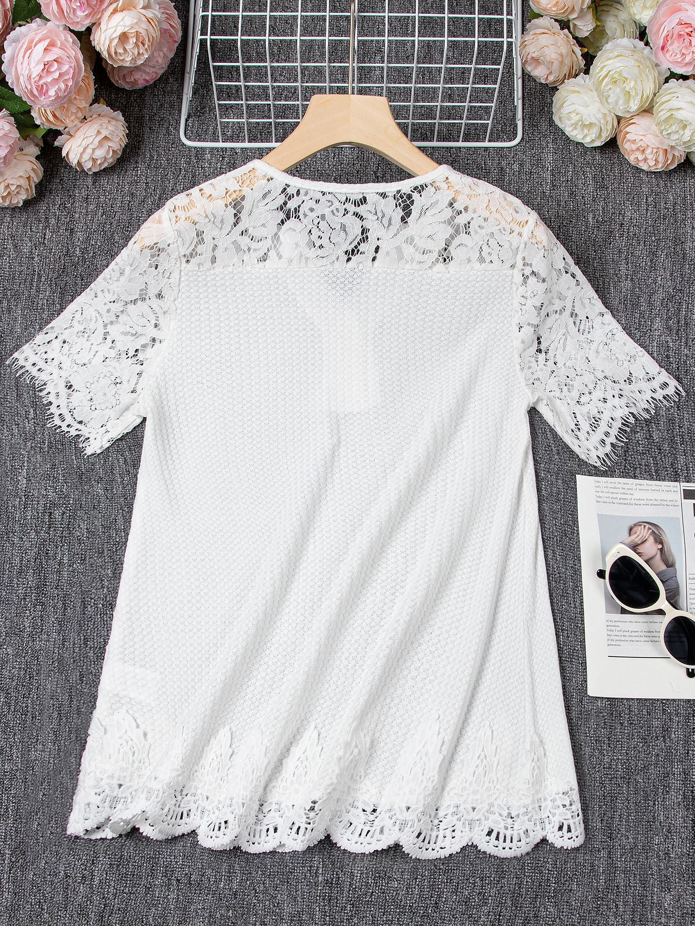 Tricou Cristina Plus Size din dantelă tricotată - Alb elegant