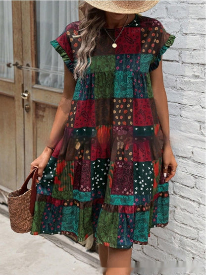 Rochie midi de vară Cristina Gore cu model boho și imprimeu petic
