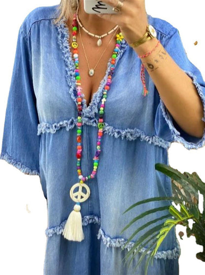 Rochie trapez boemă Cristina - Inspirație imprimeu albastru