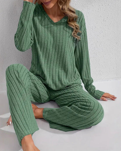Set de lenjerie de casă pentru femei, cu mânecă lungă și pantaloni, cu nervuri