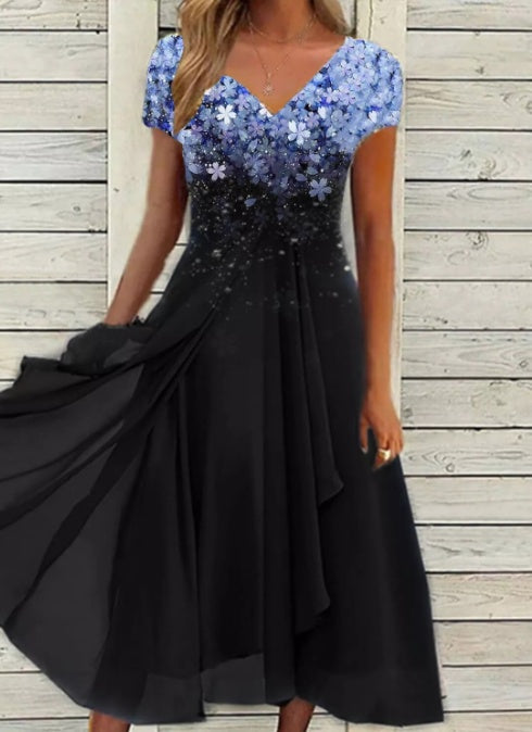 Rochie Cristina din șifon floral - Decolteu în V cu imprimeu patchwork