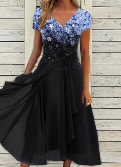 Rochie Cristina din șifon floral - Decolteu în V cu imprimeu patchwork