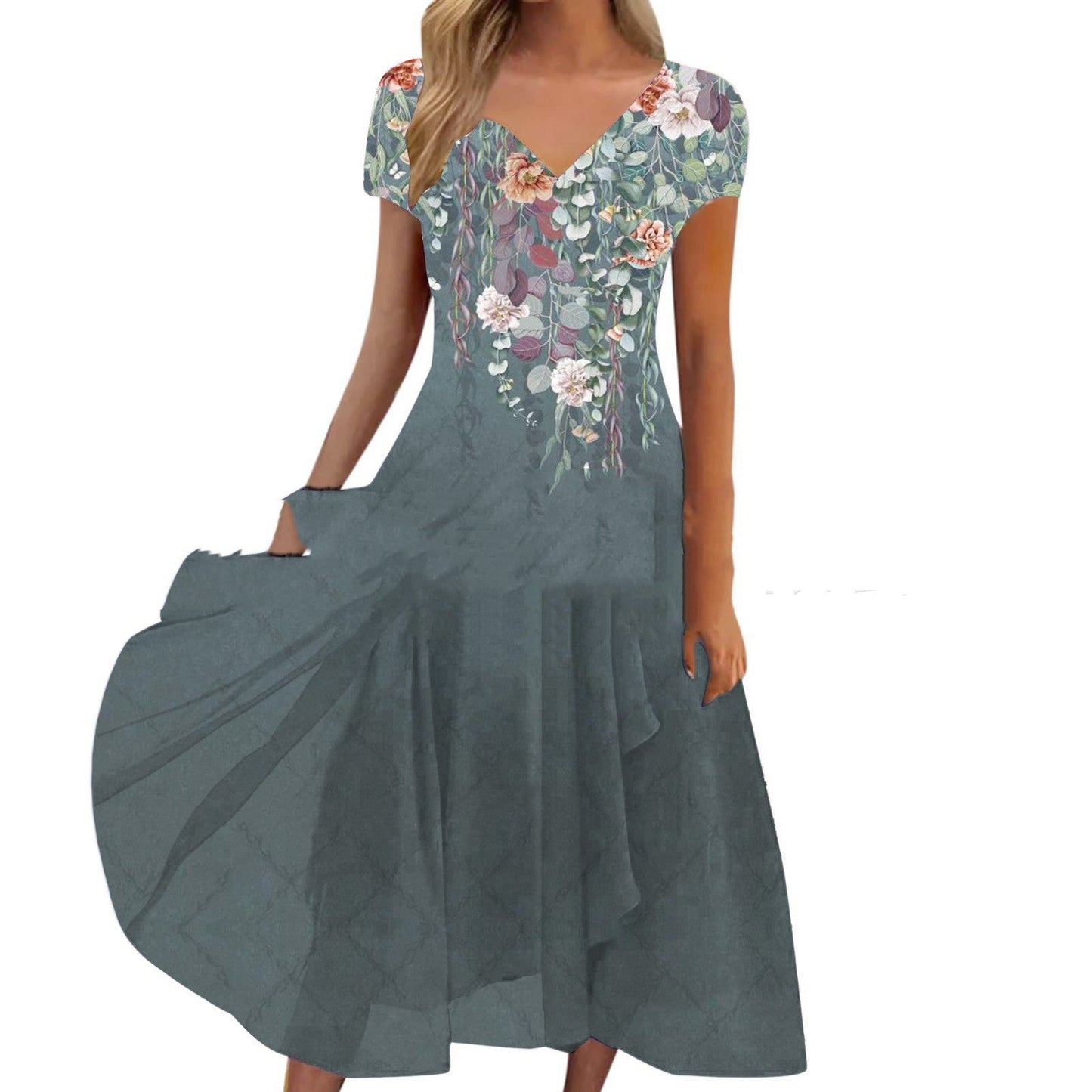 Rochie Cristina din șifon floral - Decolteu în V cu imprimeu patchwork