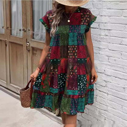 Rochie midi de vară Cristina Gore cu model boho și imprimeu petic