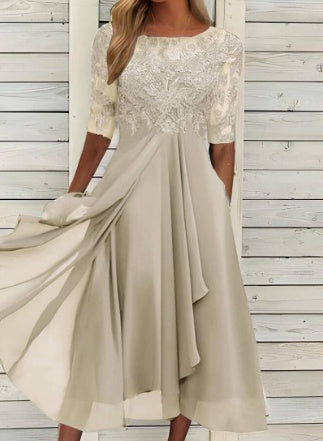 Rochie Cristina din șifon și dantelă - Eleganță asimetrică