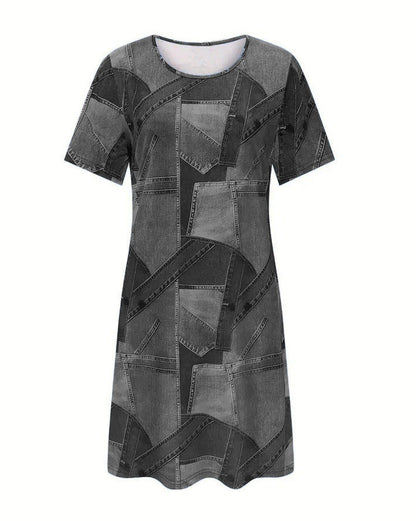Rochie de vară elegantă Cristina Gore cu imprimeu din denim, linie A