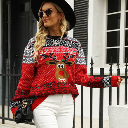 Pulover festiv cu motiv de cap de cerb de la Cristina - Tricotat