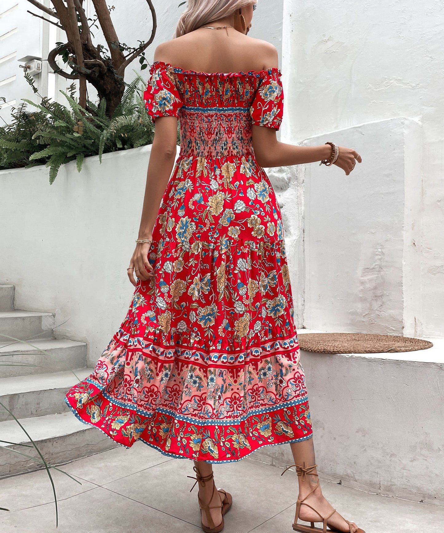 Rochie midi cu umeri goi, cu imprimeu floral boho, Cristina Gore