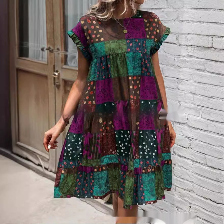 Rochie midi de vară Cristina Gore cu model boho și imprimeu petic