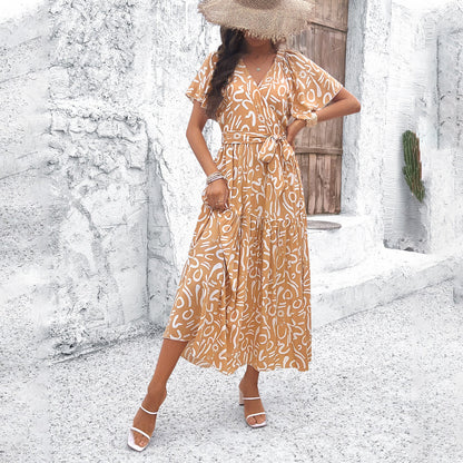 Rochie midi elegantă cu mânecă scurtă și model geometric Cristina Gore
