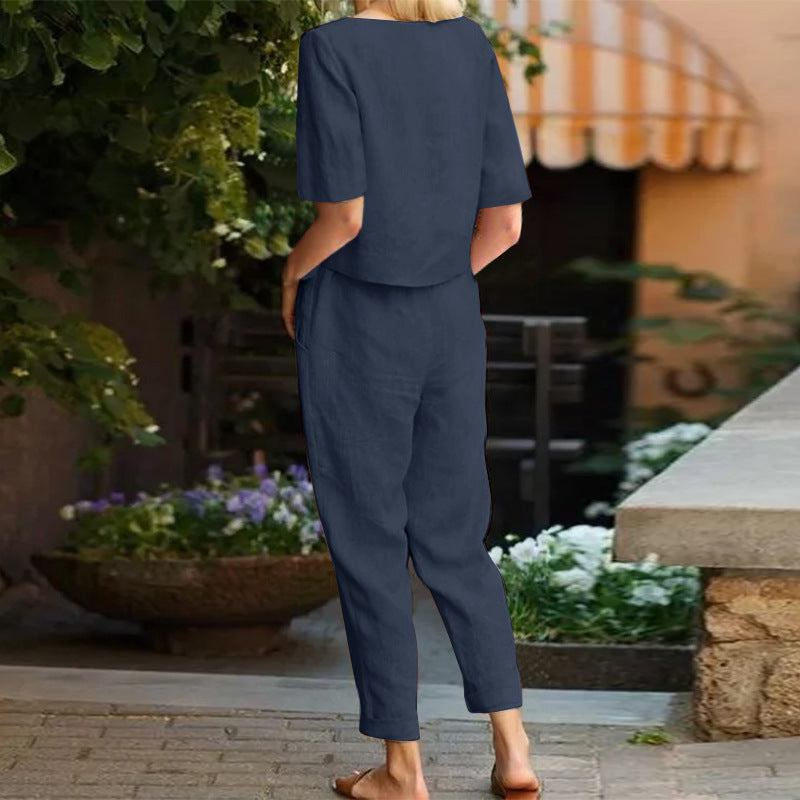 Costum cu pantaloni Cristina din in, cu picior larg - Eleganță casuală